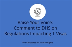 [ai] A graphic with a blue background featuring a globe icon at the top. Below the icon, text reads "Raise Your Voice: Comment to DHS on Regulations Impacting T Visas" followed by the smaller text "The Advocates for Human Rights."